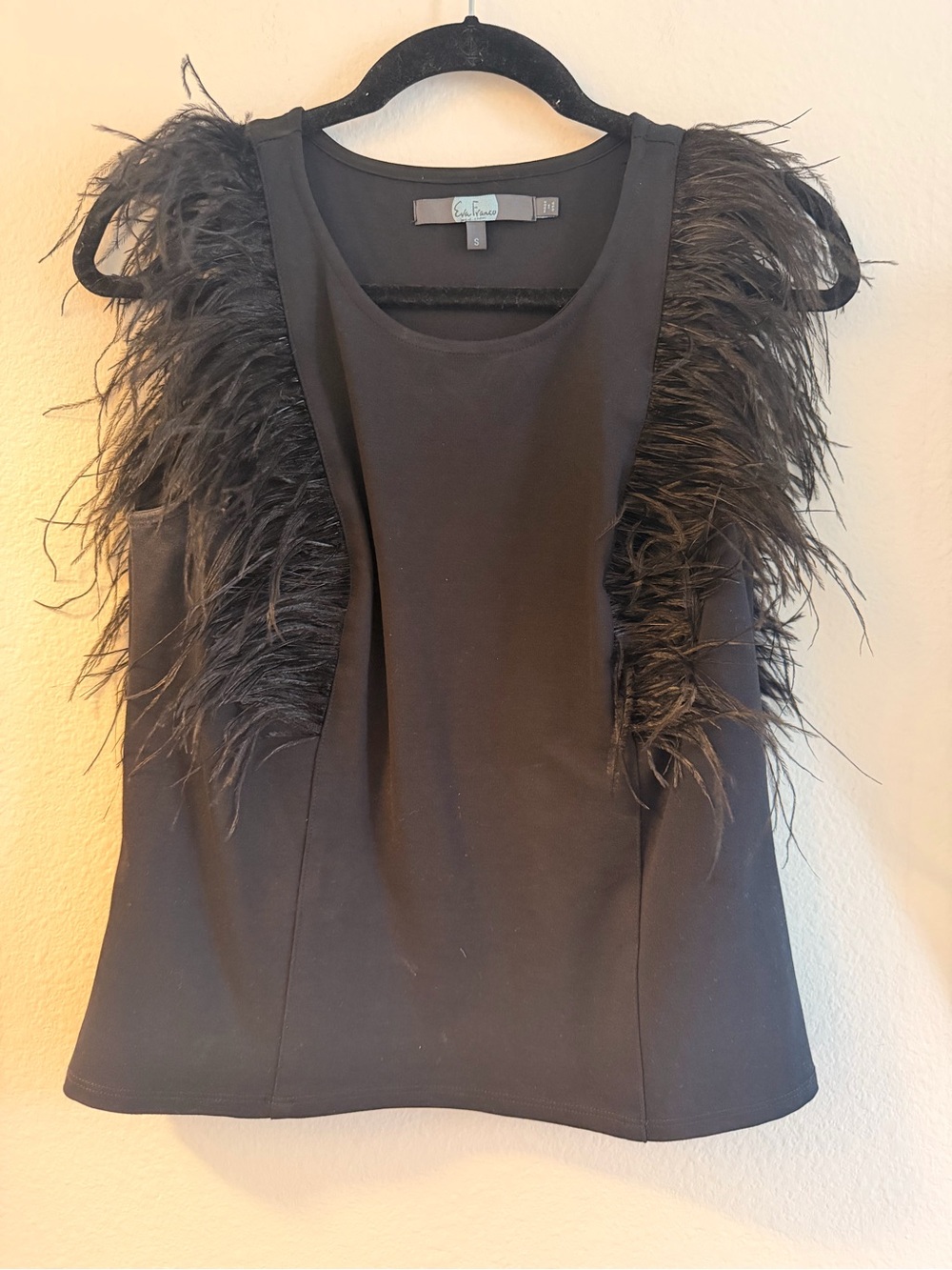 Eva Franco Black Feather-Trim Sleeveless Camisole, Size Small